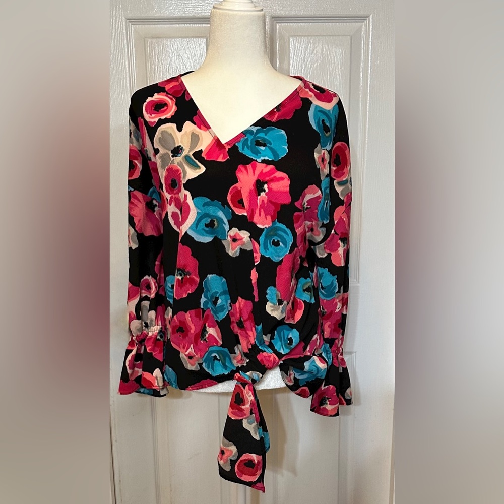 Juicy Couture black blue pink floral top summer tropical colorful size large